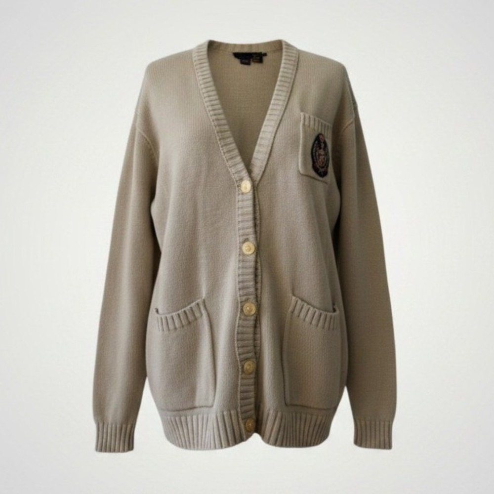 Liz Sport Cardigan Sweater Women Small Tan Crest Gold Buttons Vintage Collegiate